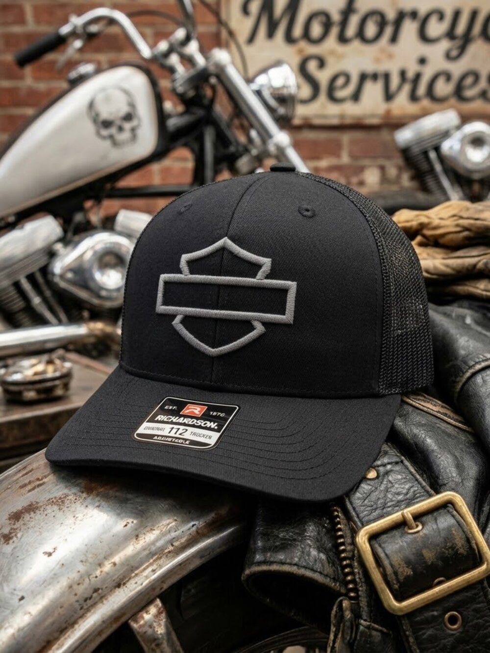 Retro Harley Davidson Hat Bar Shield Patch Blackout Richardson 112 Snapback Cap